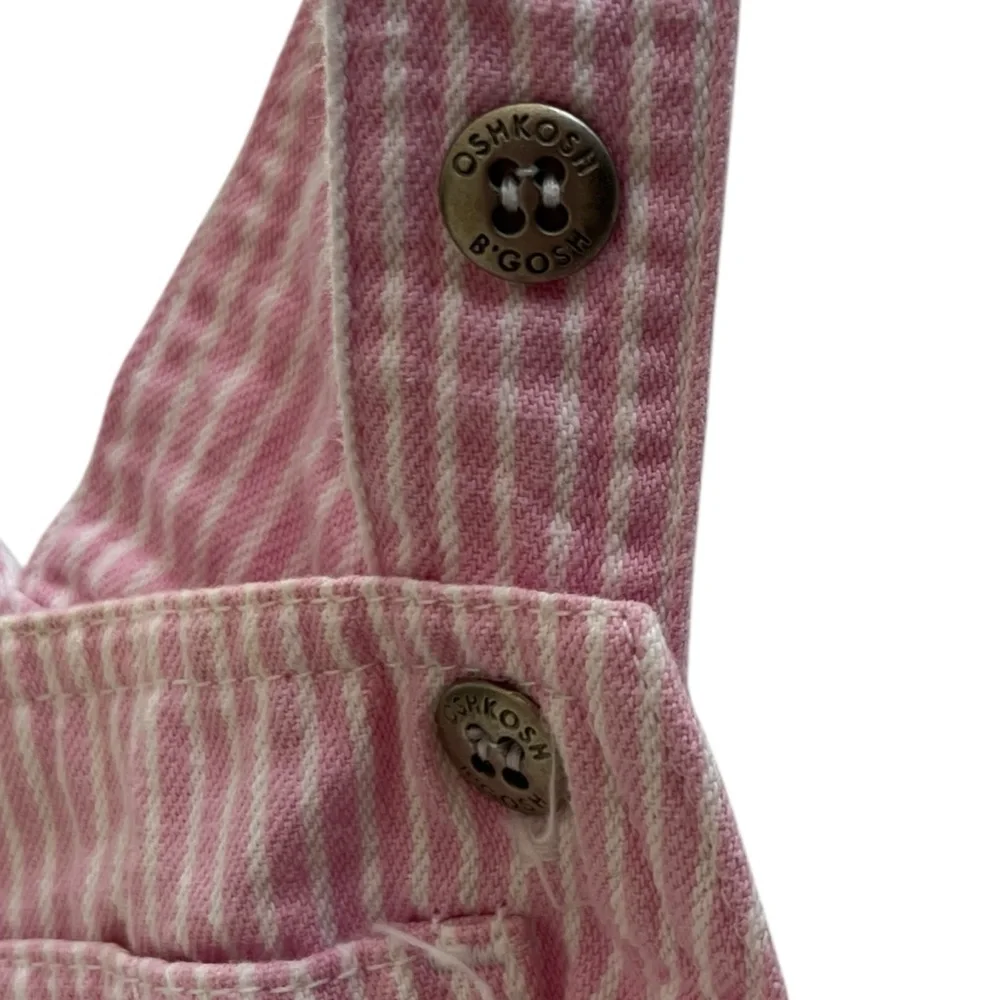 VTG Oshkosh Bgosh Baby Pink White Child Conductor Stripe Overall Dress Size 18M